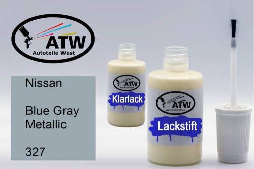 Nissan, Blue Gray Metallic, 327: 20ml Lackstift + 20ml Klarlack - Set, von ATW Autoteile West.